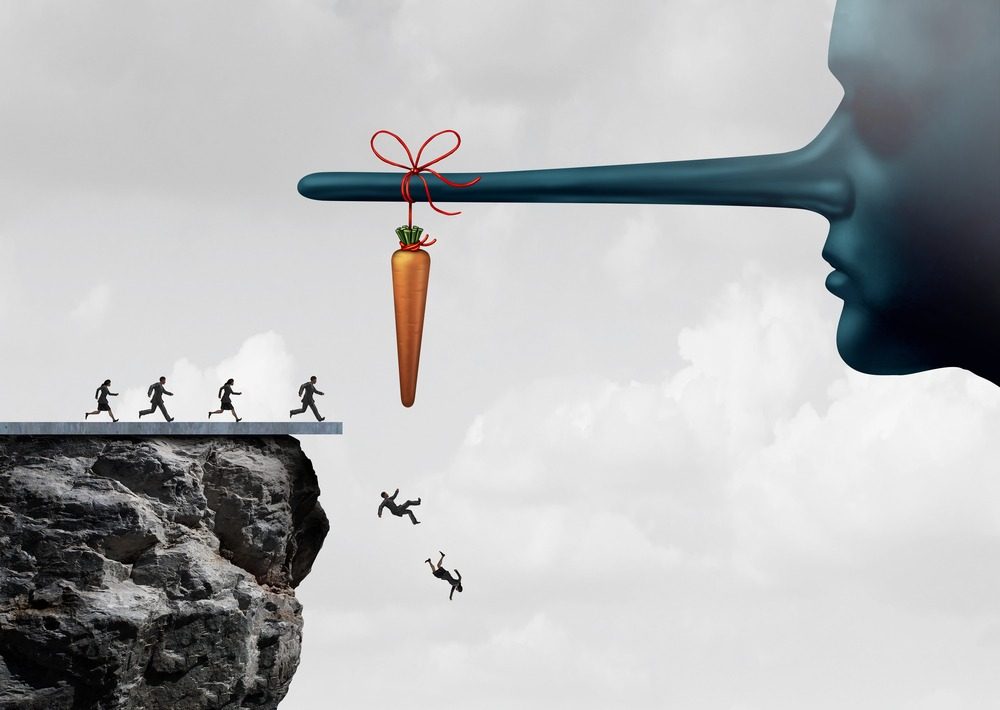 Vector image showing people being tricked and falling into a ravine (scam or fraud)