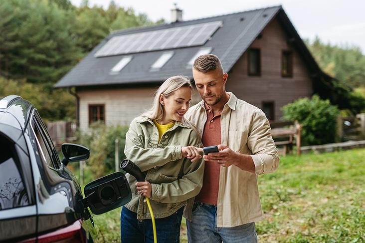 couple with electric vehicle, preparing for a trip