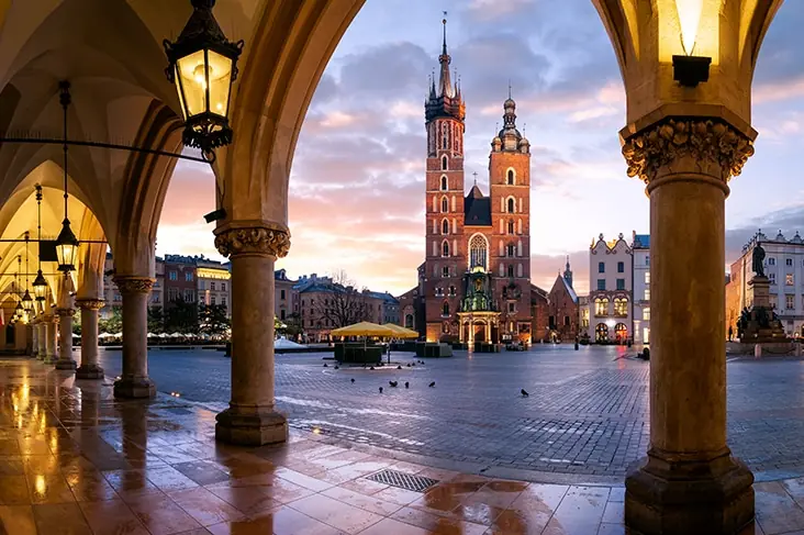 View from the arcades of the Cloth Hall (Sukiennice) in Kraków, Poland.