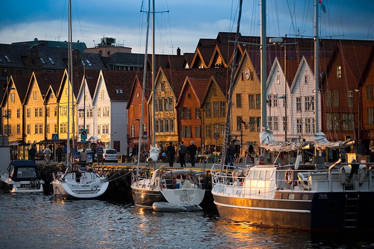 Boats and colorful houses in Norway - Bryggen in Bergen